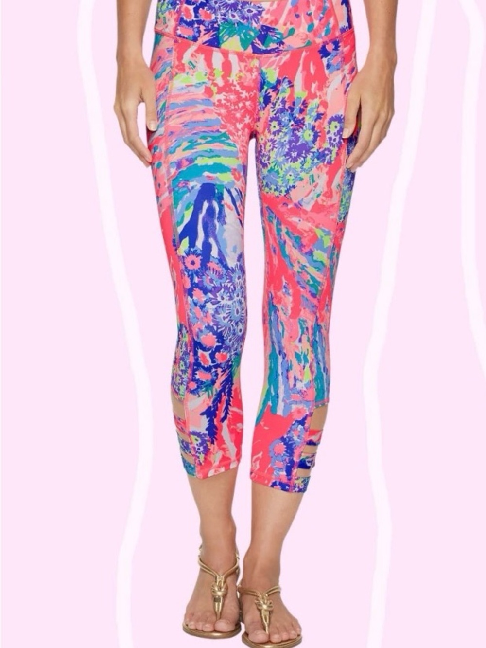 Lilly Pulitzer Multicolor Coral Pink Blue Tropical Print Capri Luxletic Leggings